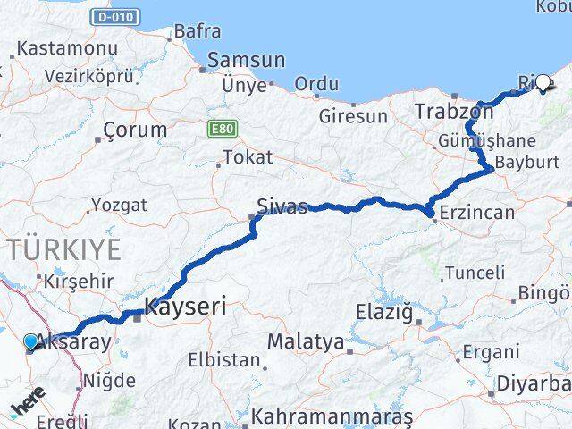Aksaray Hemşin Rize Arası Kaç Km - Yol Haritası
