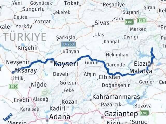 Aksaray Hozat Tunceli Arası Kaç Km - Yol Haritası
