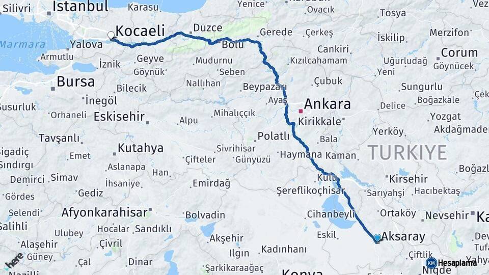 Aksaray İzmit Kocaeli Arası Kaç Km - Yol Haritası