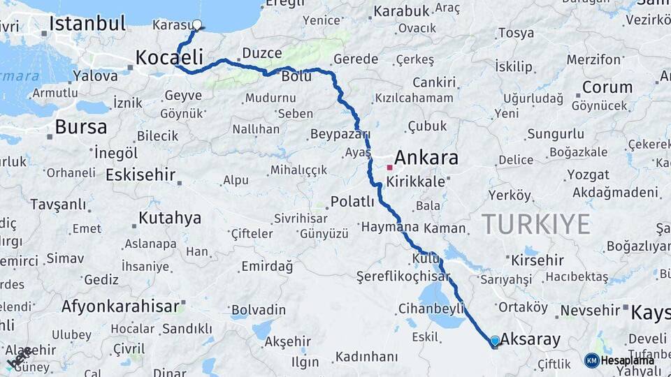 Aksaray Karasu Sakarya Arası Kaç Km - Yol Haritası