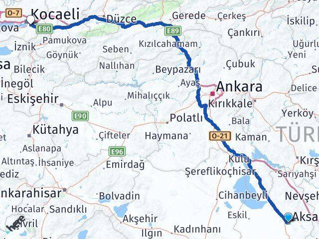 Aksaray Kartepe Kocaeli Arası Kaç Km - Yol Haritası