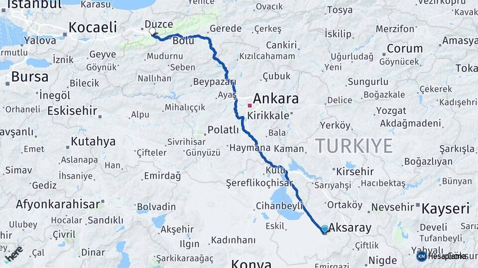 Aksaray Kaynaşlı Düzce Arası Kaç Km - Yol Haritası