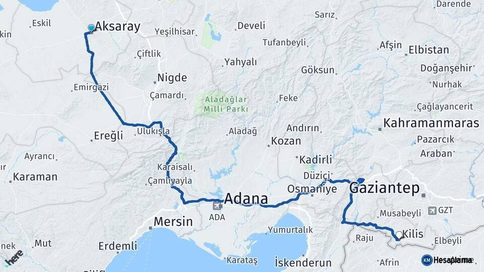 Aksaray Kilis Arası Kaç Km - Yol Haritası