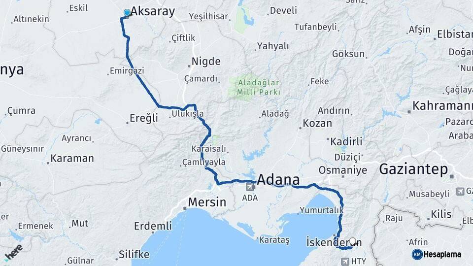 Aksaray Kırıkhan Hatay Arası Kaç Km - Yol Haritası