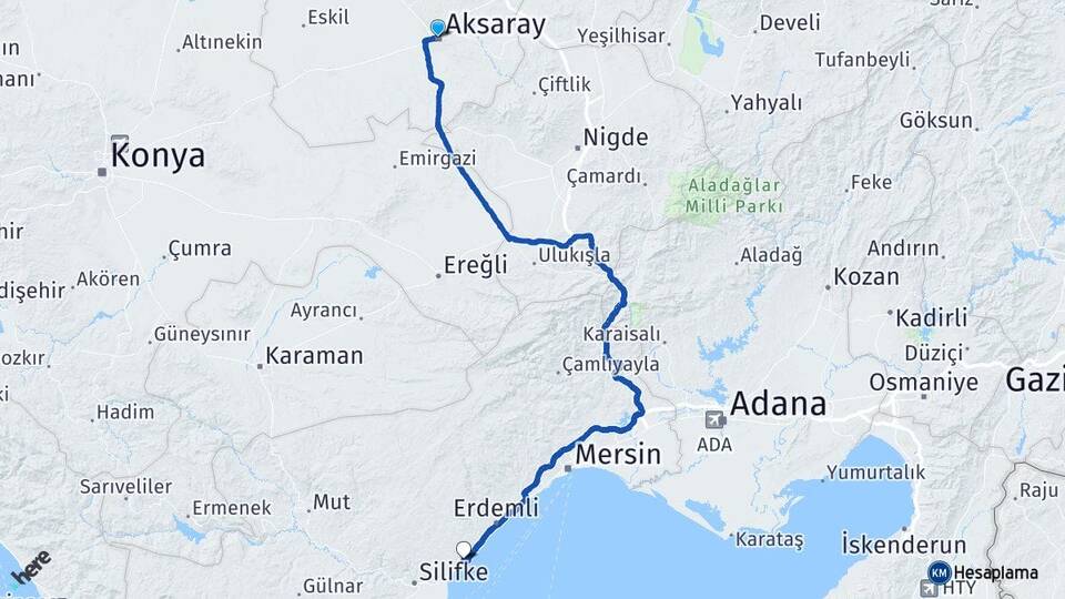 Aksaray Kızkalesi Erdemli Mersin Arası Kaç Km - Yol Haritası
