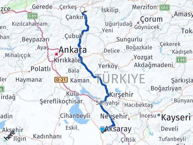 Aksaray Korgun Çankırı Arası Kaç Km - Yol Haritası