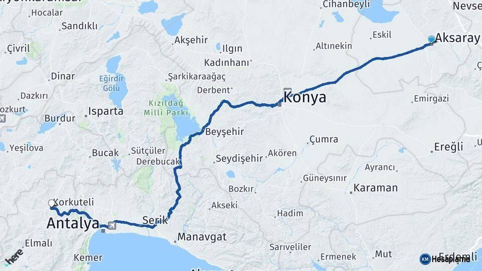 Aksaray Korkuteli Antalya Arası Kaç Km - Yol Haritası