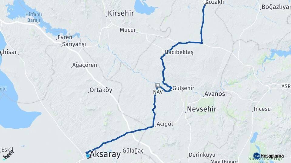 Aksaray Kozaklı Nevşehir Arası Kaç Km - Yol Haritası