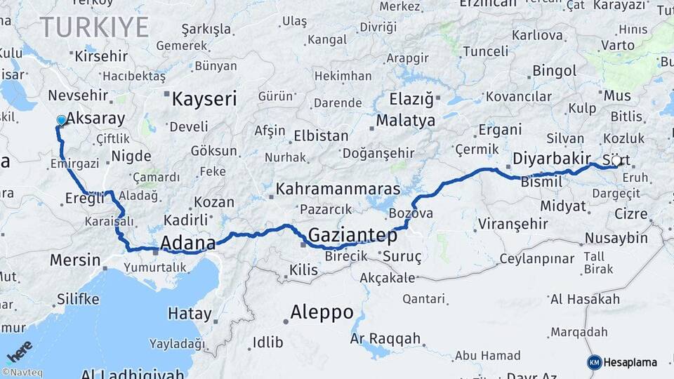 Aksaray Kurtalan Siirt Arası Kaç Km - Yol Haritası