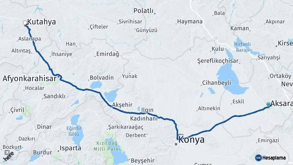 Aksaray Kütahya Arası Kaç Km - Yol Haritası