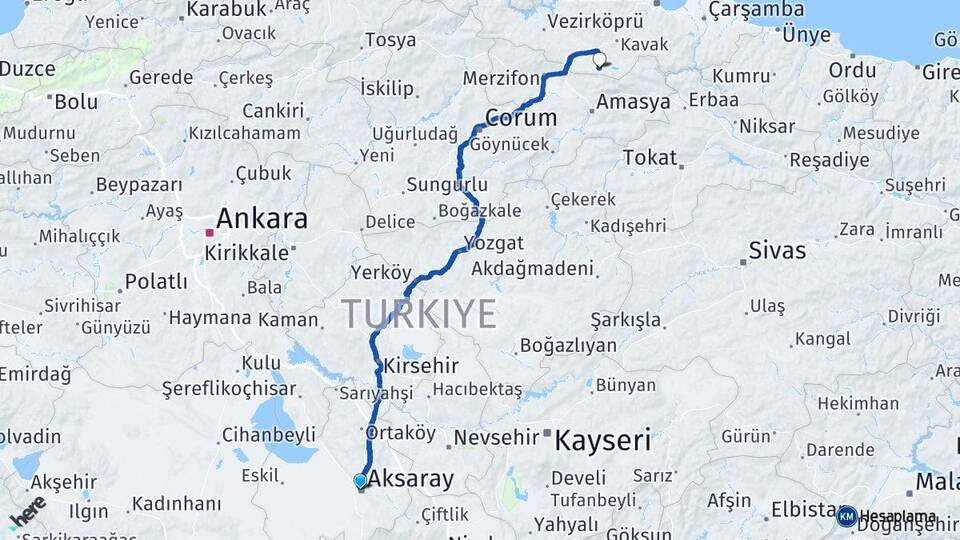 Aksaray Ladik Samsun Arası Kaç Km - Yol Haritası