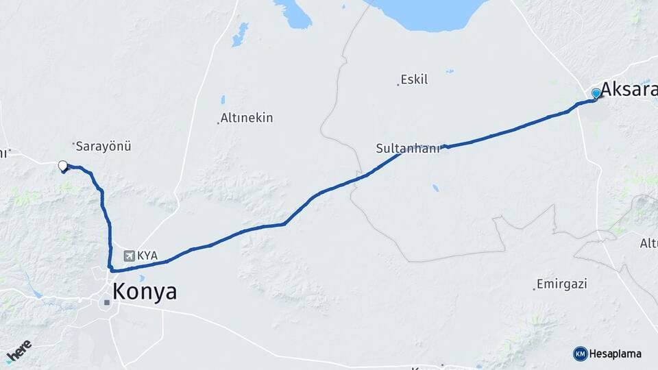 Aksaray Ladik Sarayönü Konya Arası Kaç Km - Yol Haritası