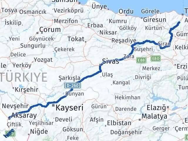 Aksaray Maçka Trabzon Arası Kaç Km - Yol Haritası