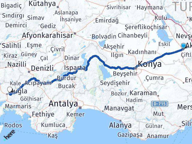 Aksaray Menteşe Muğla Arası Kaç Km - Yol Haritası