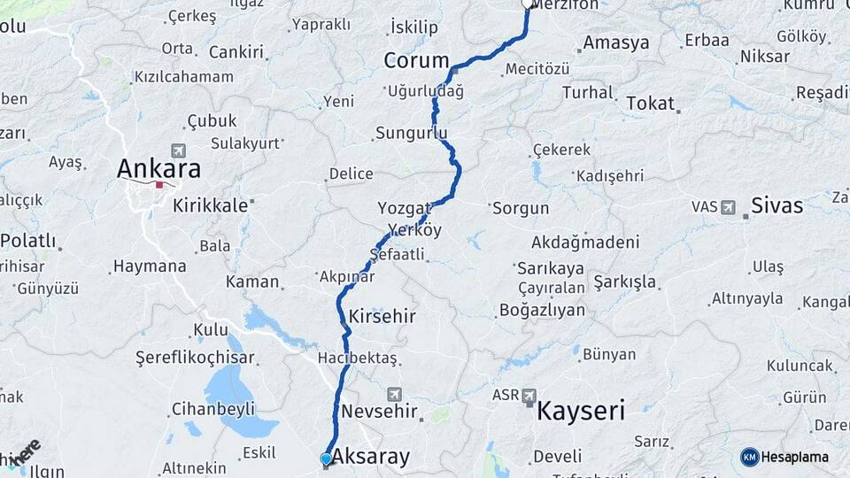 Aksaray Merzifon Amasya Arası Kaç Km - Yol Haritası