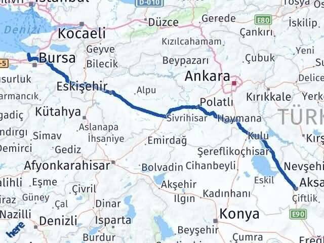 Aksaray Mudanya Bursa Arası Kaç Km - Yol Haritası