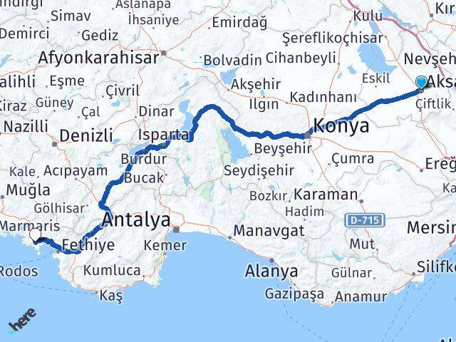Aksaray Muğla Dalaman Havalimanı Arası Kaç Km - Yol Haritası