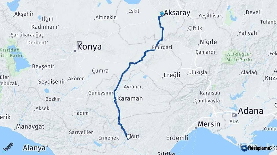 Aksaray Mut Mersin Arası Kaç Km - Yol Haritası
