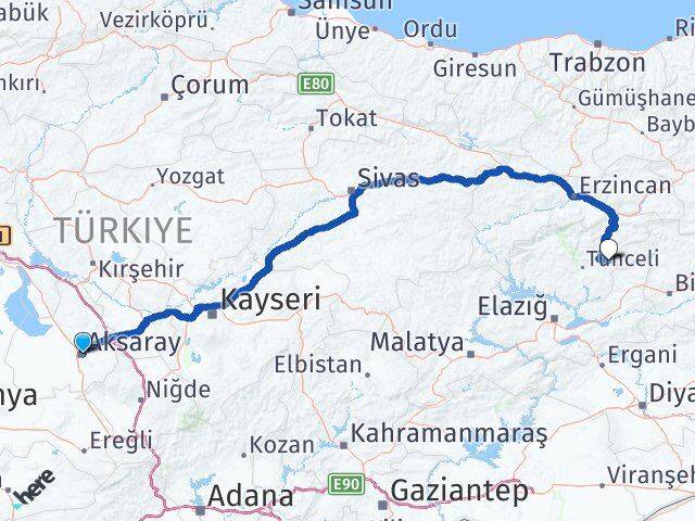 Aksaray Nazımiye Tunceli Arası Kaç Km - Yol Haritası