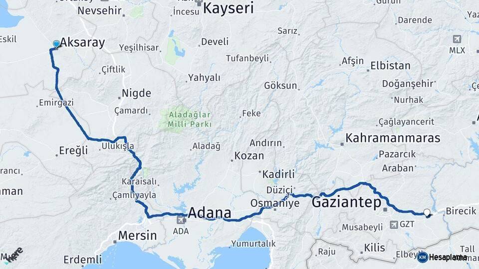 Aksaray Nizip Gaziantep Arası Kaç Km - Yol Haritası