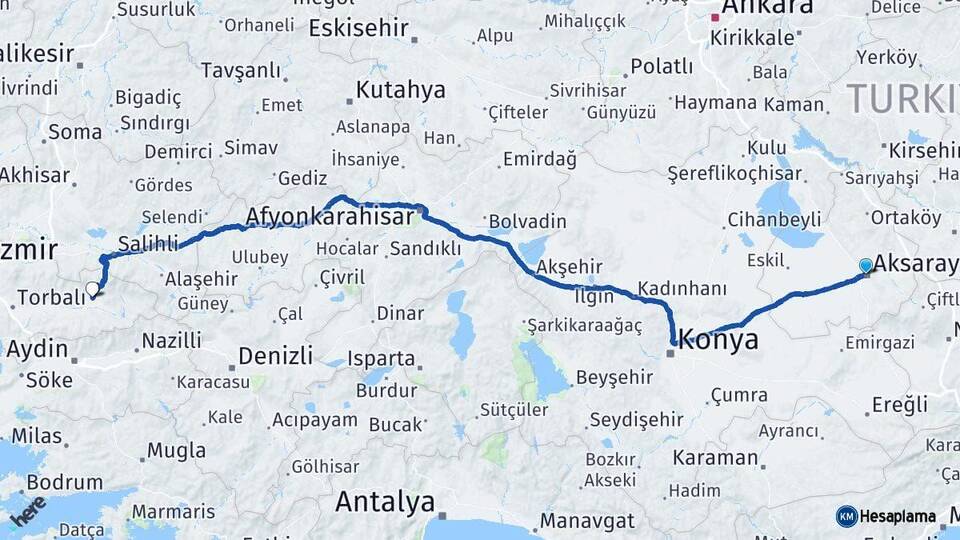 Aksaray Ödemiş İzmir Arası Kaç Km - Yol Haritası