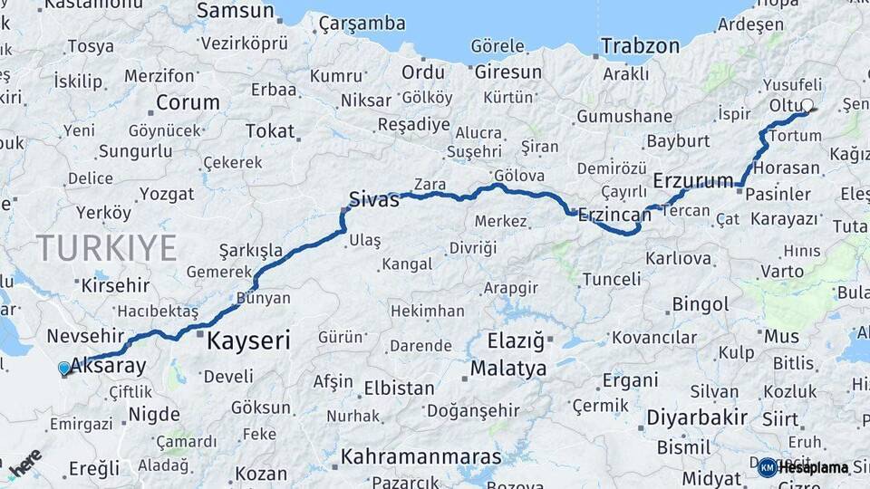 Aksaray Oltu Erzurum Arası Kaç Km - Yol Haritası