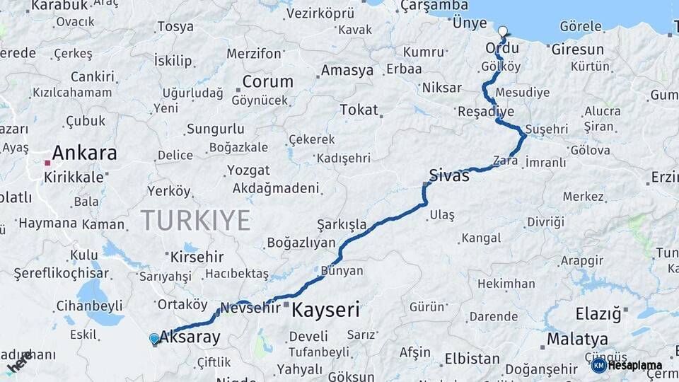 Aksaray Ordu Arası Kaç Km - Yol Haritası