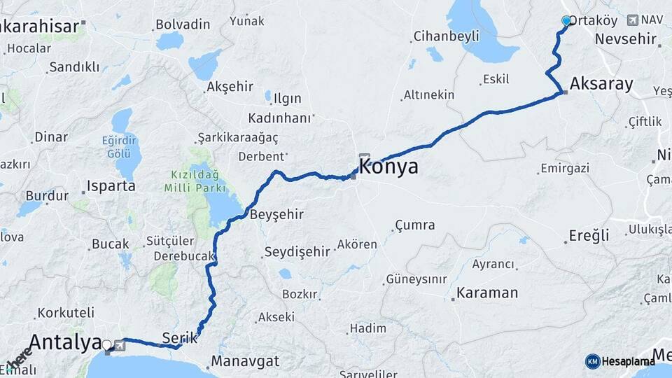 Aksaray Ortaköy Antalya Arası Kaç Km - Yol Haritası