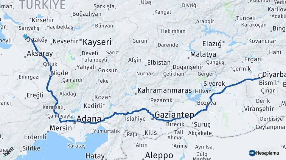 Ortaköy Diyarbakır Arası Kaç Km - Yol Tarifi