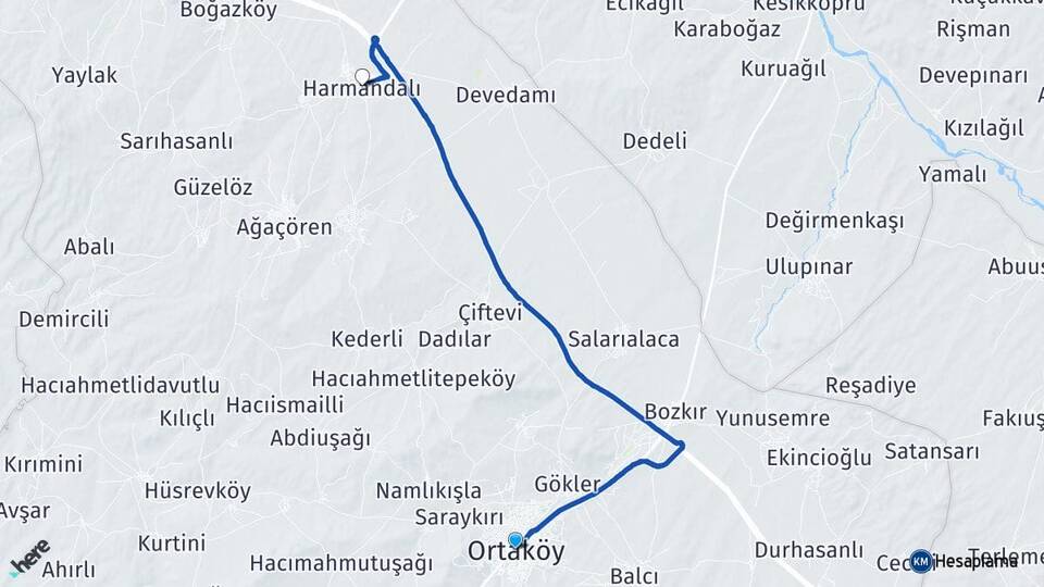 Aksaray Ortaköy Harmandalı Ortaköy Arası Kaç Km - Yol Haritası