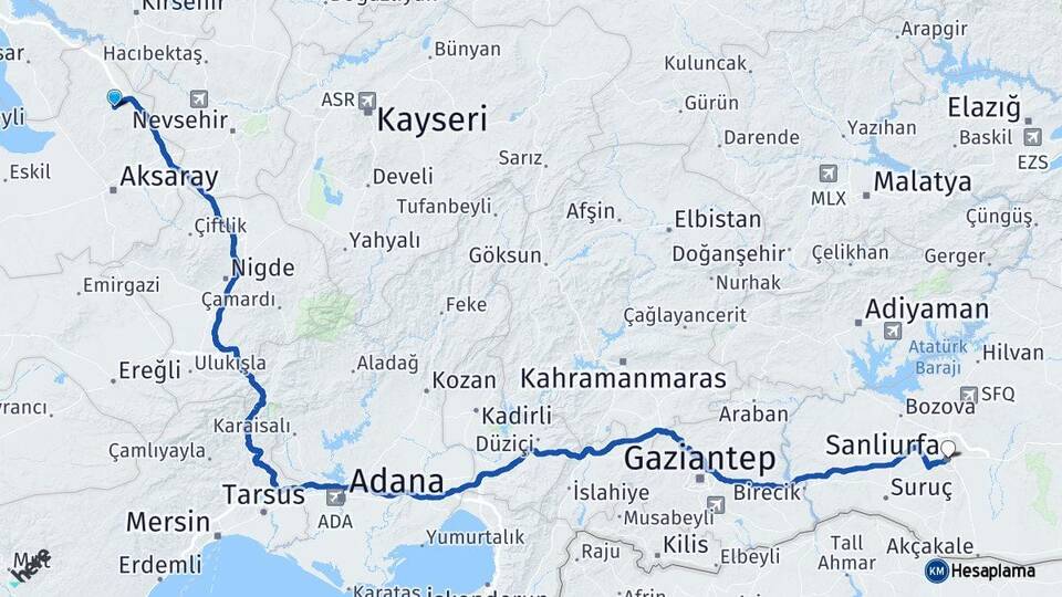 Aksaray Ortaköy Şanlıurfa Arası Kaç Km - Yol Haritası