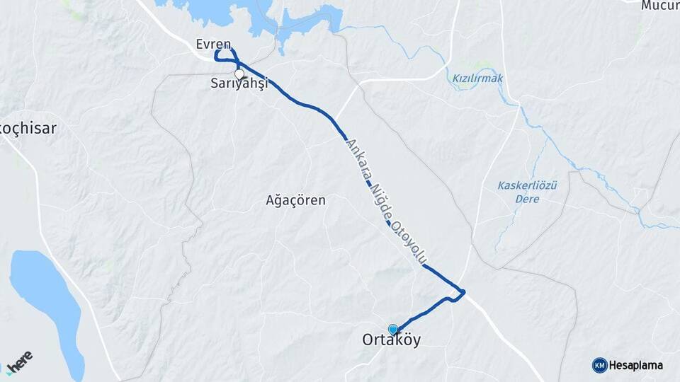Aksaray Ortaköy Sarıyahşi Arası Kaç Km - Yol Haritası
