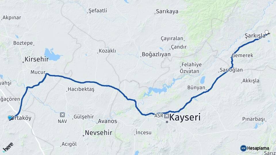 Aksaray Ortaköy Şarkışla Sivas Arası Kaç Km - Yol Haritası