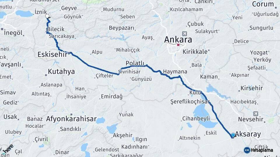 Aksaray Osmaneli Bilecik Arası Kaç Km - Yol Haritası