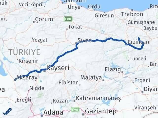 Aksaray Otlukbeli Erzincan Arası Kaç Km - Yol Haritası