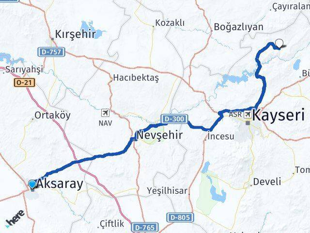 Aksaray Özvatan Kayseri Arası Kaç Km - Yol Haritası