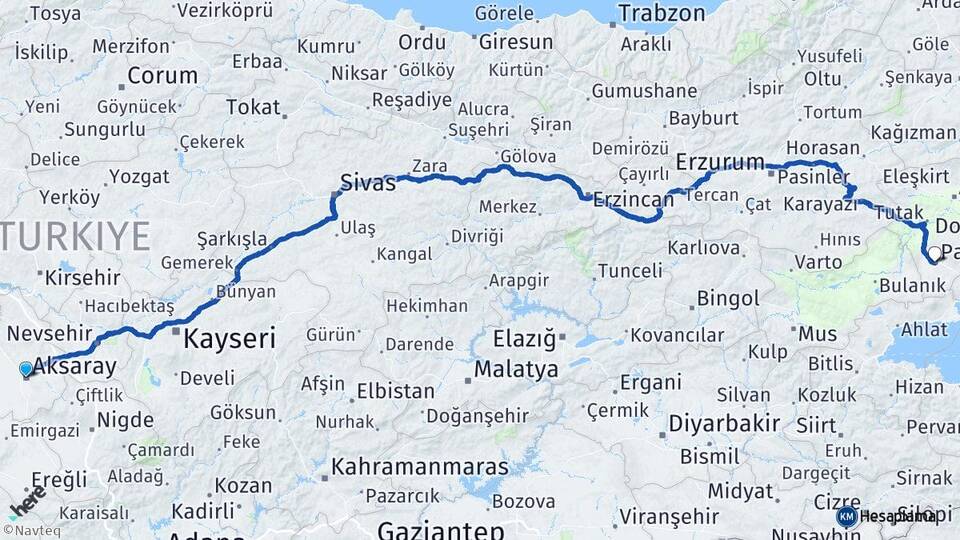 Aksaray Patnos Ağrı Arası Kaç Km - Yol Haritası