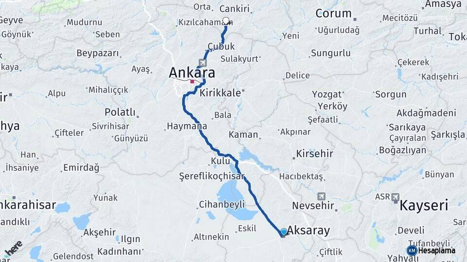 Aksaray Şabanözü Çankırı Arası Kaç Km - Yol Haritası