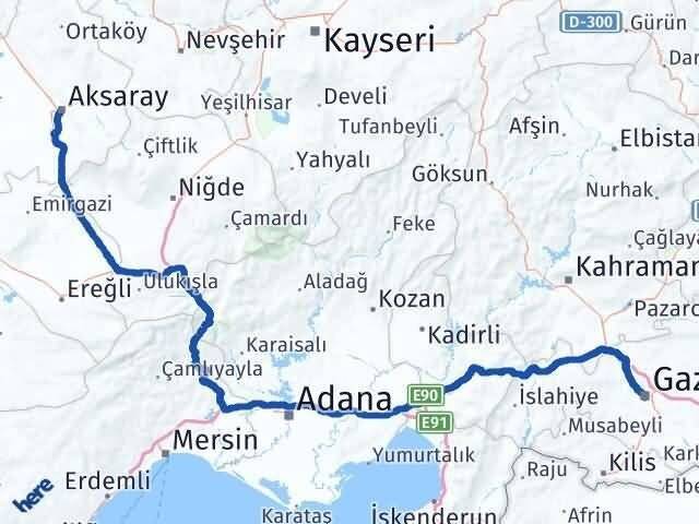 Aksaray Şahinbey Gaziantep Arası Kaç Km - Yol Haritası