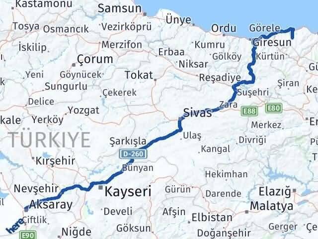 Aksaray Şalpazarı Trabzon Arası Kaç Km - Yol Haritası