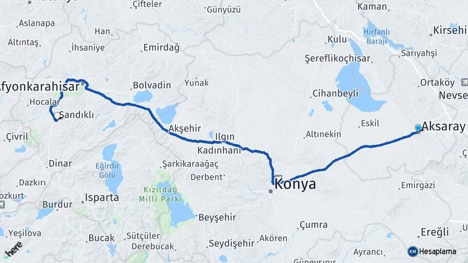 Aksaray Sandıklı Afyonkarahisar Arası Kaç Km - Yol Haritası
