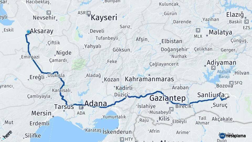 Aksaray Şanlıurfa Arası Kaç Km - Yol Haritası