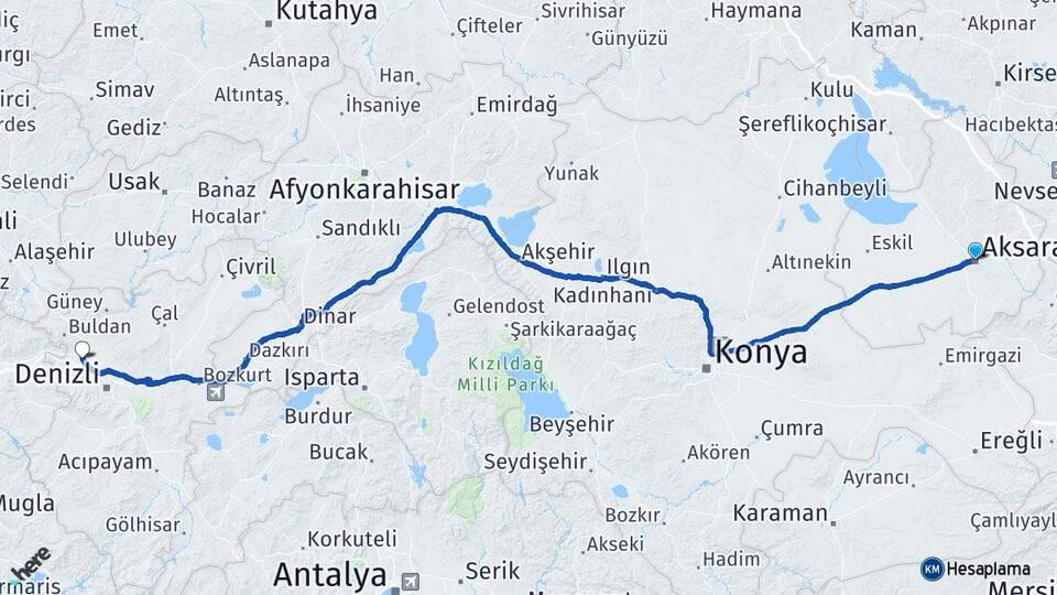 Aksaray Sarayköy Denizli Arası Kaç Km - Yol Haritası