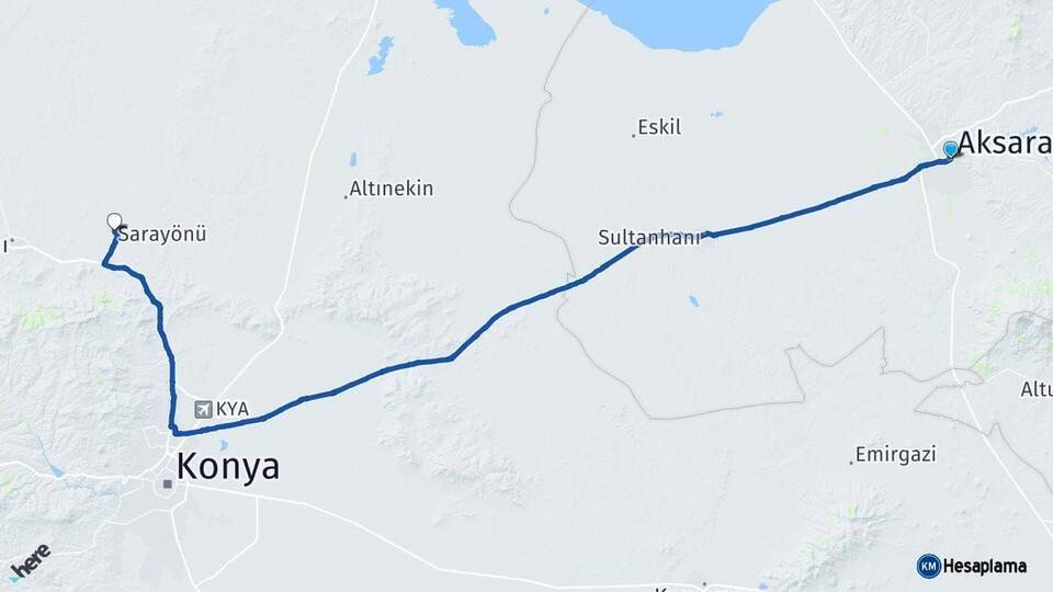 Aksaray Sarayönü Konya Arası Kaç Km - Yol Haritası