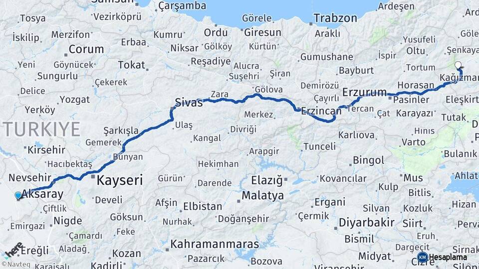 Aksaray Sarıkamış Kars Arası Kaç Km - Yol Haritası