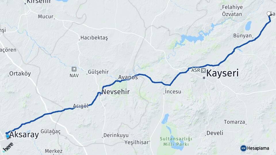 Aksaray Sarıoğlan Kayseri Arası Kaç Km - Yol Haritası