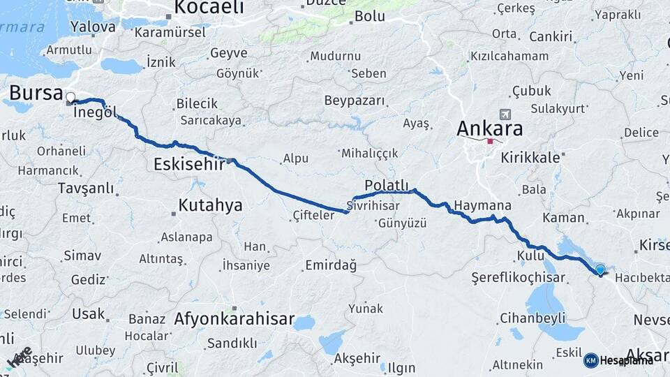 Aksaray Sarıyahşi Bursa Arası Kaç Km - Yol Haritası