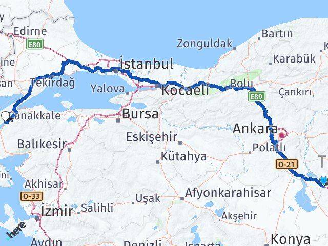 Aksaray Sarıyahşi Çanakkale Arası Kaç Km - Yol Haritası