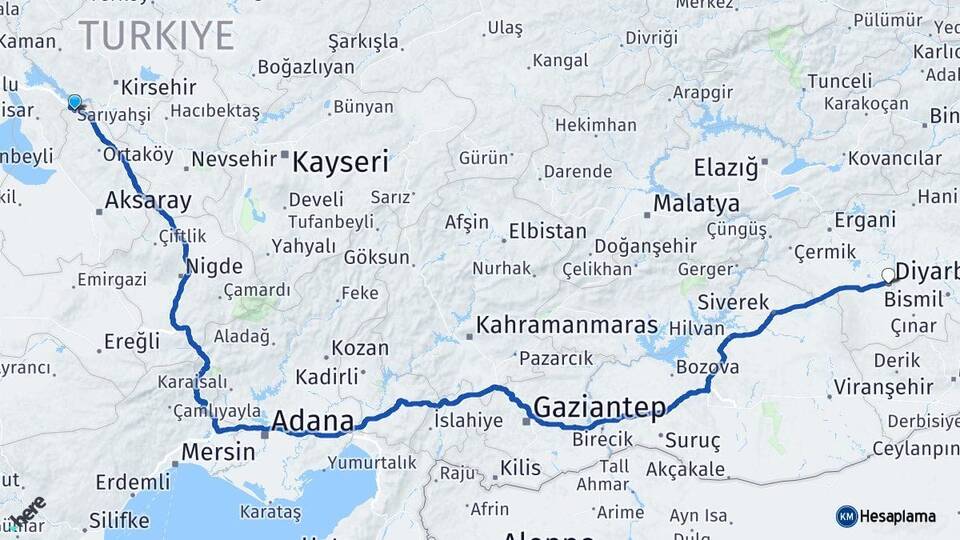 Aksaray Sarıyahşi Diyarbakır Arası Kaç Km - Yol Haritası