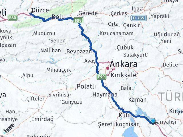 Aksaray Sarıyahşi Düzce Arası Kaç Km - Yol Haritası